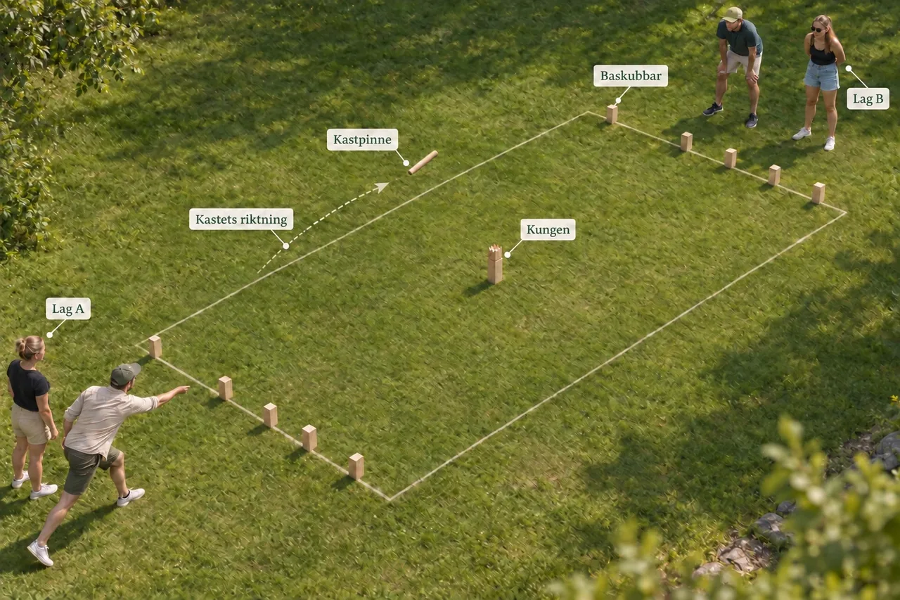 Två lag på varsin sida av en kubbplan med fem baskubbar längs varje kortsida, kungen i mitten och en spelare som kastar underhand.
