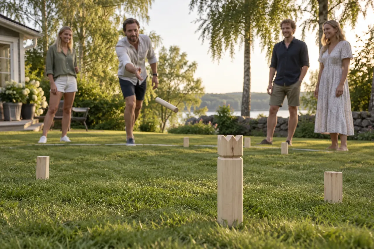 Vänner spelar kubb på en gräsmatta