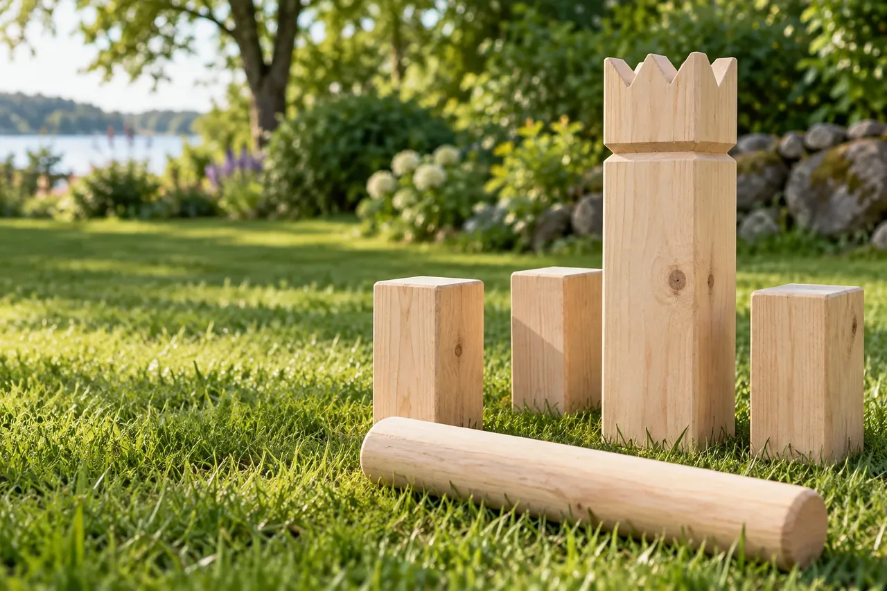 Kung, kubbar och kastpinne på gräs