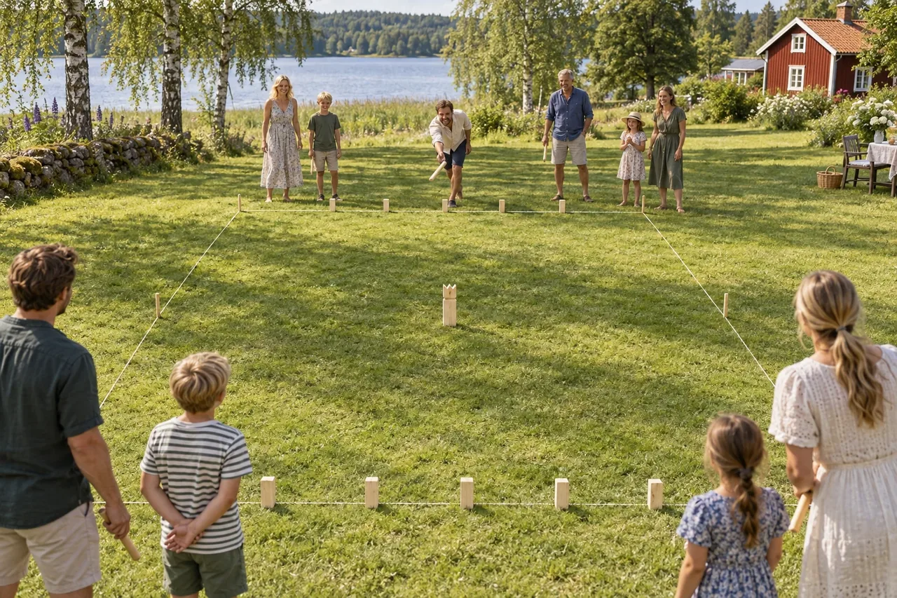 Vuxna och barn spelar kubb tillsammans på en svensk sommargräsmatta med träkubbar i förgrunden.
